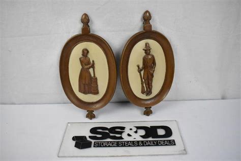 2pc plastic wall decor pilgrim man and woman cream and brown ovals syroco vintage