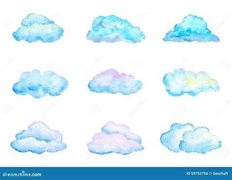 Set Of Bright Blue Watercolor Clouds Isolated On White Stock