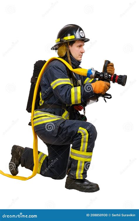 Firefighter Holds Fire Hose And Kneeling Isolated On White Background