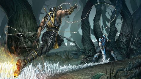 Download Mortal Kombat Scorpion Vs Sub Zero In Forest Wallpaper