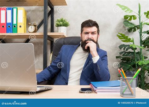 Concentration And Focus Man Bearded Boss Sit Office With Laptop