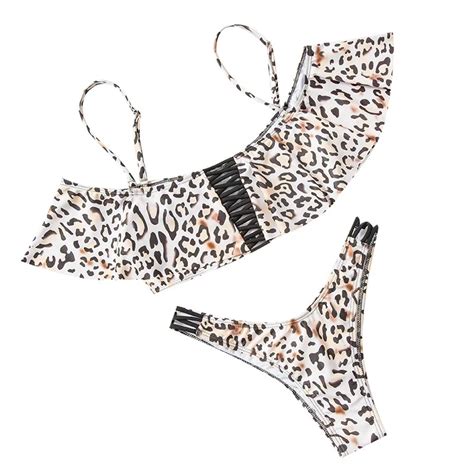 sexy off shoulder leopard braziliaanse bikini twee stuk thong badpak ruche bandage badpak