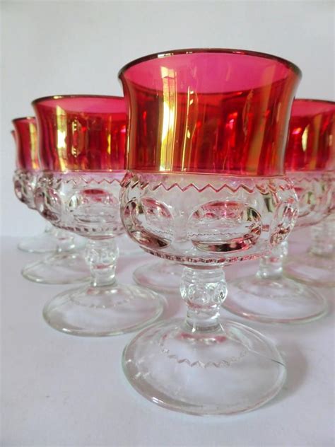 King S Crown Thumbprint Wine Glasses With Flashed Red Rims Set Of 10 Indiana Glass Cranberry