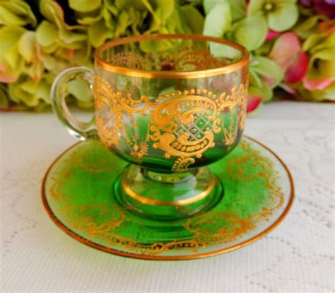 Gorgeous Moser Bohemian Glass Cup And Saucer ~ Gold Gilt ~ Green 4 Glass Cup Bohemian Glass