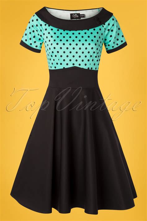 50s Darlene Polkadot Swing Dress In Black And Turquoise
