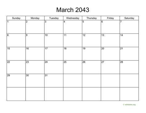 Basic Calendar For March 2043