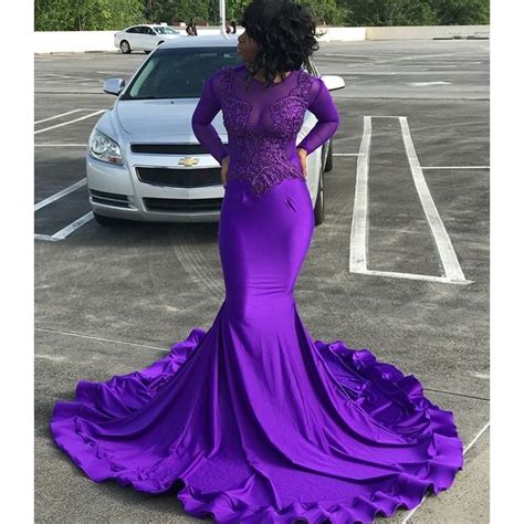 Purple Long Sleeve Mermaid Prom Dresses 2019 New Jewel Neck Sweep