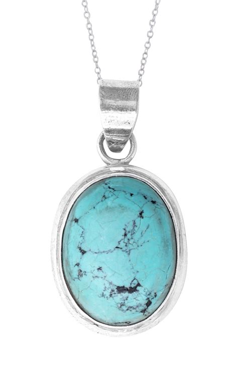 Oval Shaped Turquoise Studded Sterling Silver Pendant Exotic India Art