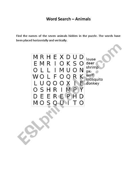 English Worksheets Word Search Animals
