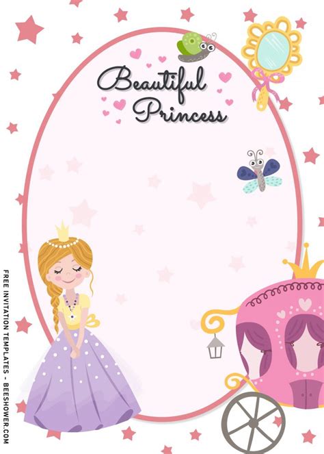 8 Beautiful Hand Drawn Princess And Her Carriage Birthday Invitation