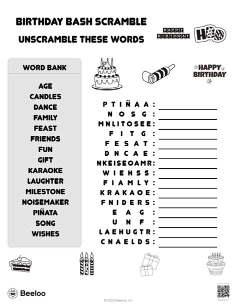 Birthday Themed Word Scrambles Beeloo Printables