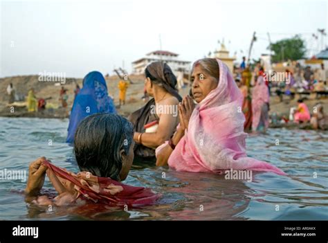 Ritual Morning Bath Assi Ghat Ganges River Varanasi India Stock