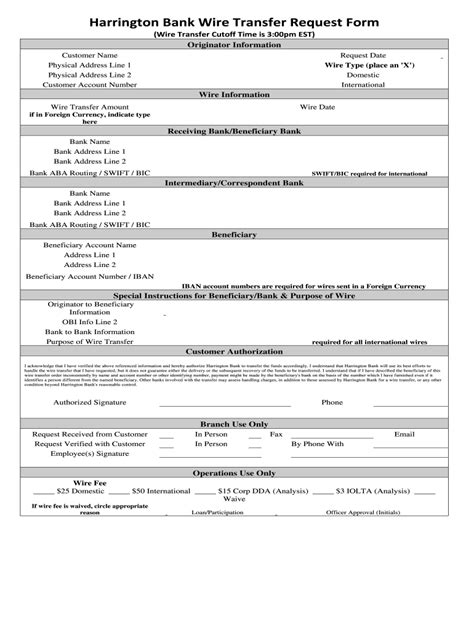 Harrington Bank Wire Transfer Request Form Fill And Sign Printable