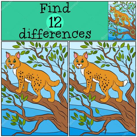 Children Games Find Differences Little Cute Lynx Stands On The Stock