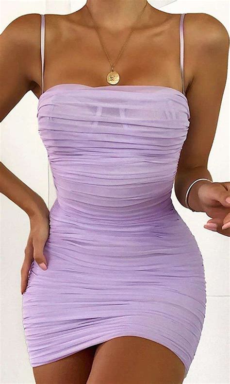 light bright purple sheer mesh sleeveless spaghetti strap straight neckline ruched bodycon mini