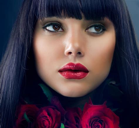 Red Lovely Beautiful Woman Makeup Hair People Red Roses