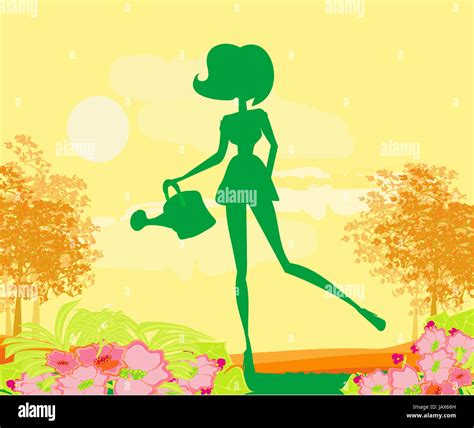 Illustration Of A Girl Watering The Flowers Stock Photo Alamy