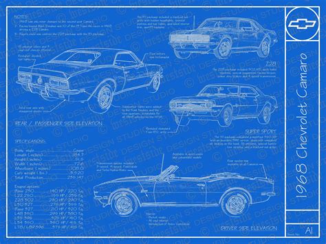 1968 Chevrolet Camaro Blueprint Poster 18x24 Jpeg Etsy