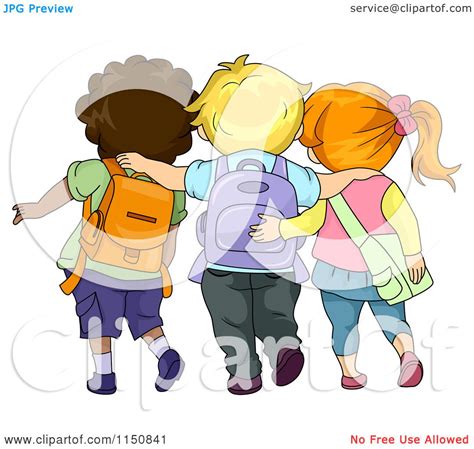 Cartoon Of A Rear View Of Three School Children Walking