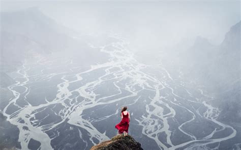 Wallpaper Panorama Landscape Red Dress Mountains Nature Women