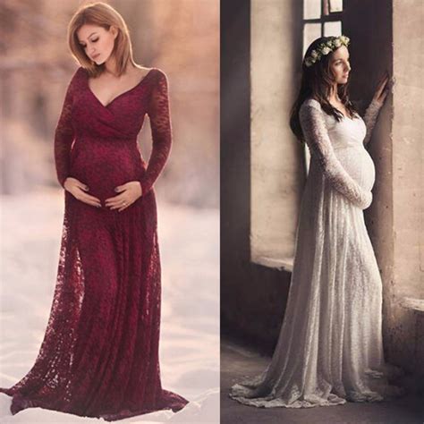 Puseky Lace Maternity Dress Photography Prop V Neck Long Sleeve Wedding Party Gown Pregnant