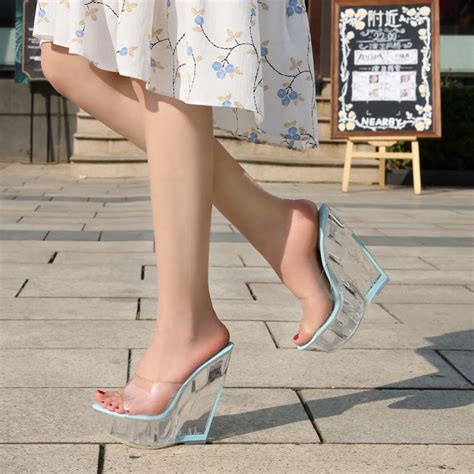 Women Slippers Pumps Transparent Clear Platform Wedge Thick Sole Female