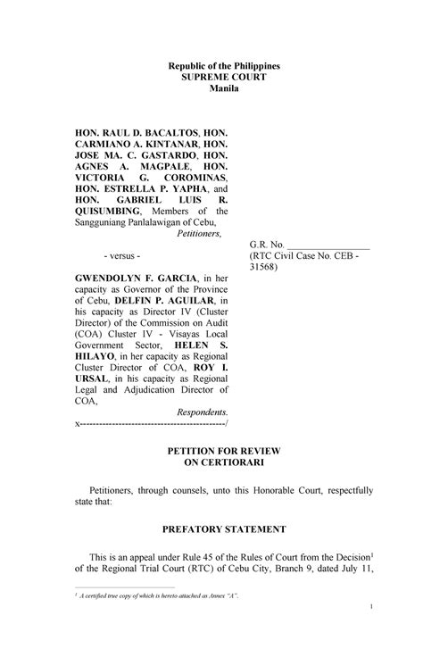 Sample Petition For Review On Certiorari Republic Of The Philippines