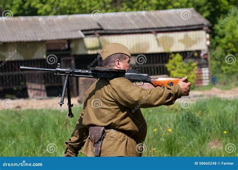 Military Soldier Holding Soviet Machine Gun Degtyaryov Editorial Stock