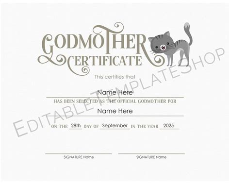 Editable Cat Godmother Certificate Template Printable Etsy