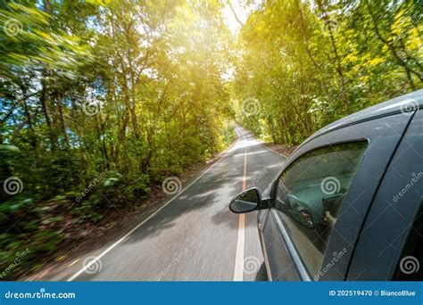 Side View Of Car Driving On Road In Forest Highway Stock Photo Image
