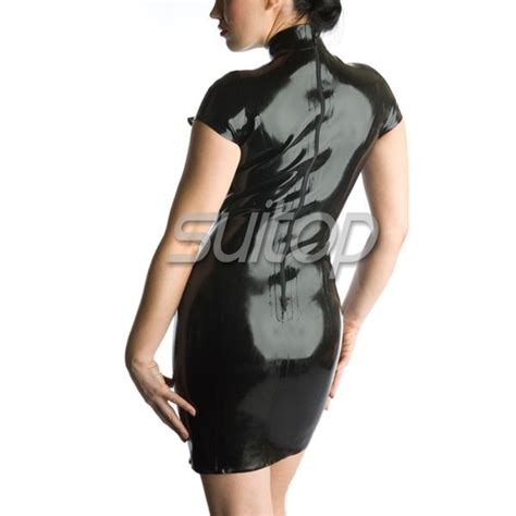 Sexy High Neck Rubber Latex Dress With Back Zipper In Black Color For Women