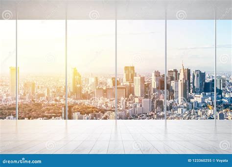 Empty Marble Floor And Window With Panoramic City Skyline Of Tokyo