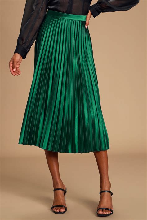 Chic Emerald Green Satin Skirt Midi Pleated Skirt Satin Skirt Lulus