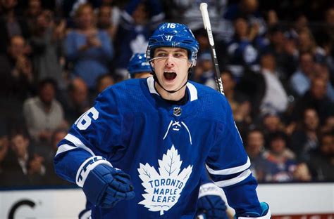Mitch Marner 16 Of The Toronto Maple Leafs Reacts After Scoring On The