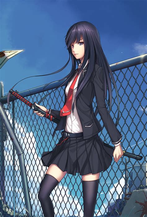 Üzletember Kártya Egyezmény Anime Girl Black Hair Large Katana Tárcsa