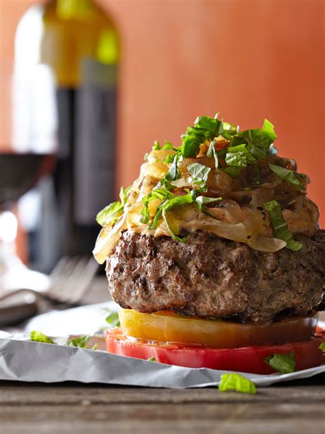 Stacked Bison Burgers With Caramelized Onions And Spicy Mayo