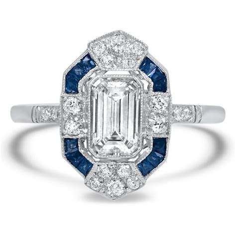Engagement Ring Art Deco Emerald Diamond Blue Sapphire Ring Es2528