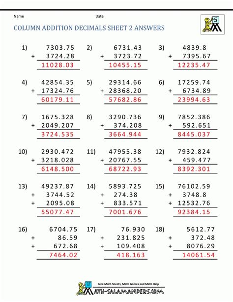 Math Worksheets For Fifth Grade Adding Decimals — Db