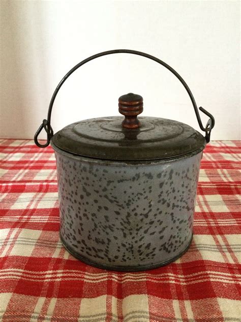 Antique Grey Graniteware Enamelware Berry Bucket Lunch Pail Ebay