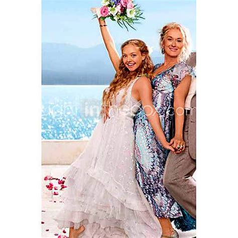 Amanda Seyfried Mamma Mia Empire V Neck Asymetrical Tulle Taffeta Celebrity Wedding Dress