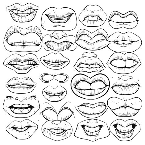 Various Lips Drawn By Hand Illustration Outline Sketch Drawing Vector