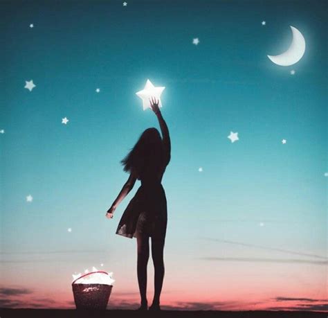 A Woman Reaching Up To The Sky With A Star Above Her Head And A Basket In Front Of Her