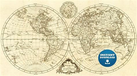 Digital Vintage Drawing Black And White World Map Printable Etsy