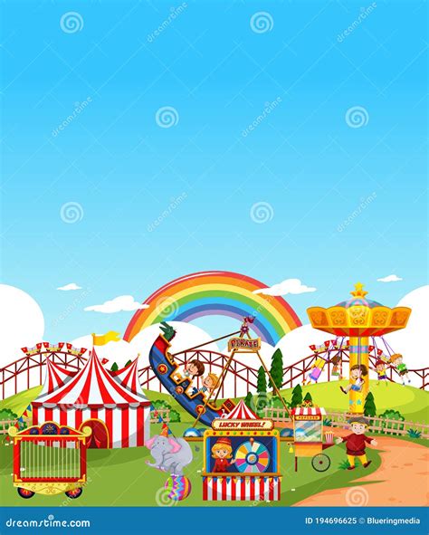 Amusement Park Scene At Daytime With Blank Bright Blue Sky Stock Vector