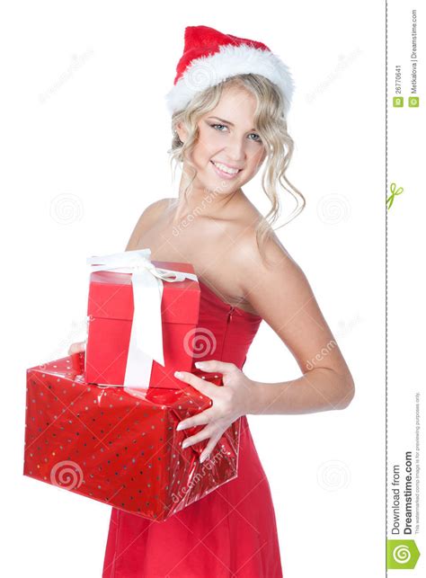 Beautiful Blonde Christmas Woman With Ts Stock Image Image Of Female Portrait 26770641