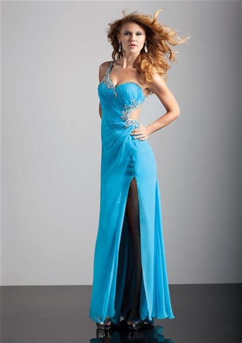 sexy sheath one strap backless long blue chiffon prom dress with split