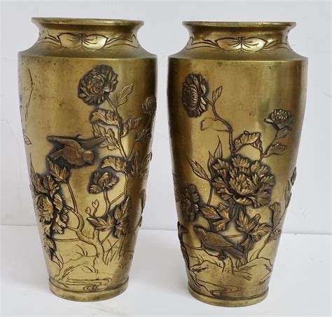 Sold Price Pair Antique Japanese Meiji Bronze Vases Flowers Birds