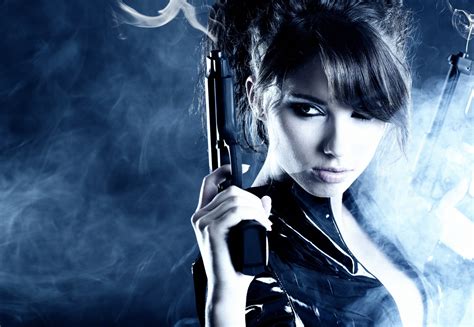 girls with guns brunette women model smoky eyes dark hair looking away pistol gun