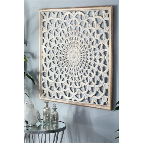 Decmode Pine Wood Flower Inspired Carved Square Wall Decor 36 X 36