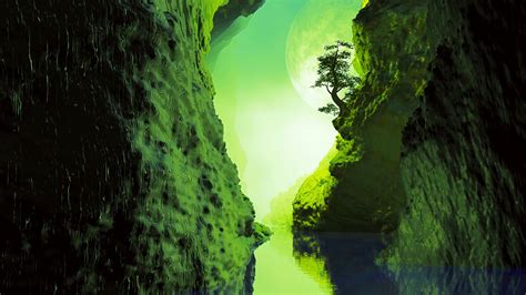 Download Wallpaper 1920x1080 Cave River Tree Reflection Green Full